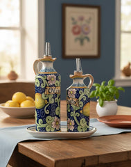 CERAMICHE D'ARTE PARRINI vinegar cruet lemon decor on blue background