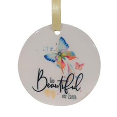 Yellow ribbon hanging on 2.75 inch ceramic ornament