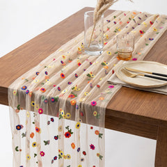 Champagne Floral Table Runner with embroidered daisy pattern for dining