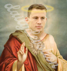 Custom design affixed to traditional glass prayer candle for Channing Tatum parody theme