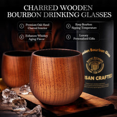 Oak wooden bourbon drinking tumbler close up