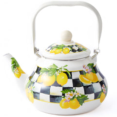 Checkered Tea Kettle with Lemon Pattern on stovetop with lemon motif
