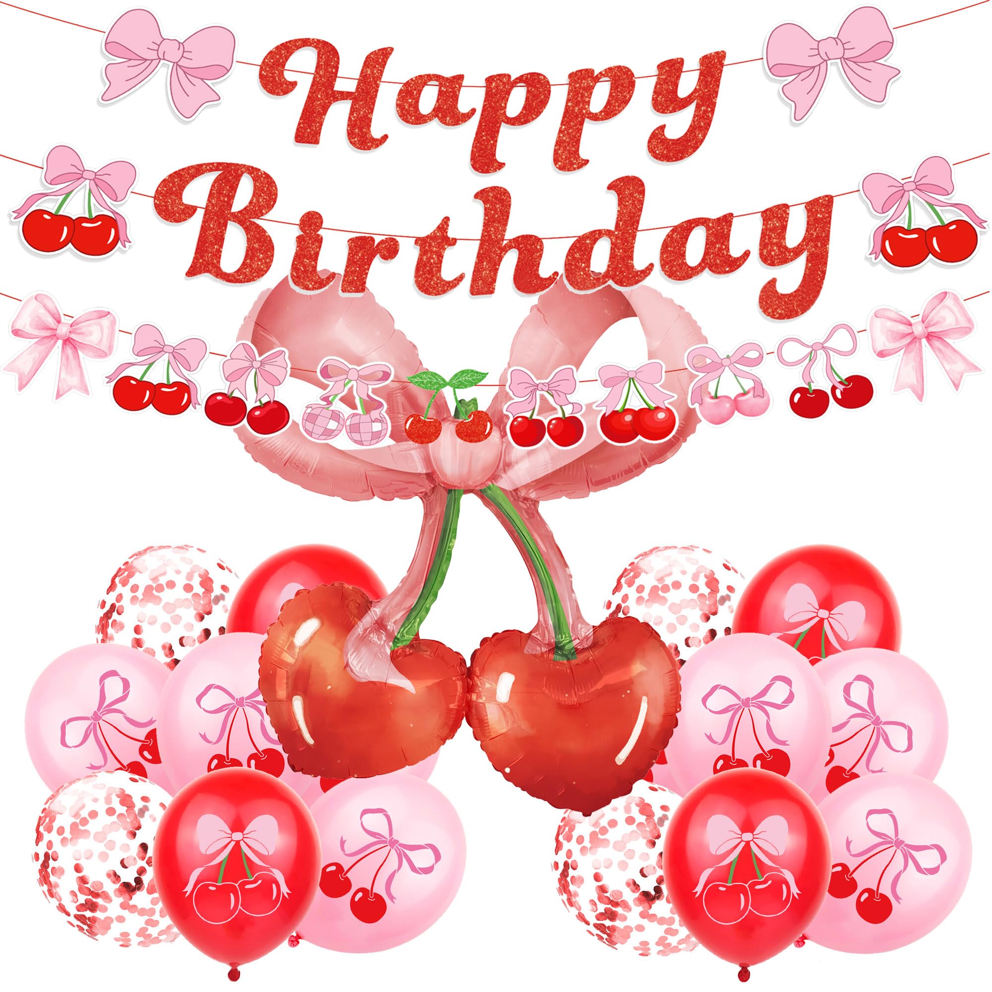 Cherry Birthday Balloons 20PCS packaging with cherry bow foil balloons and banner
