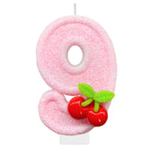 Close up of cherry birthday candles design for dessert table