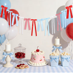 Cherry Blue Gingham Bow Garland with red and blue gingham and white lace bows