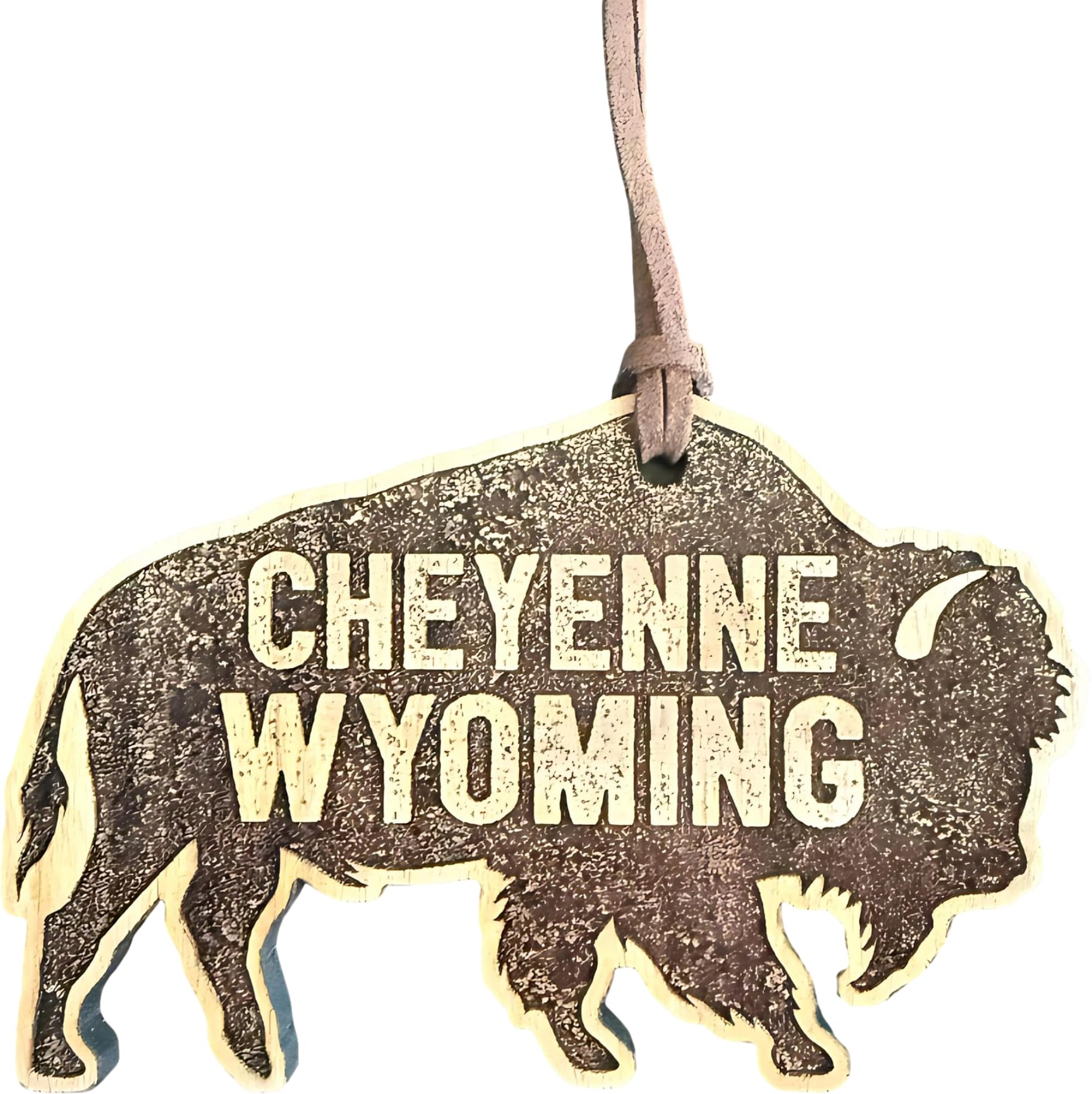 Cheyenne Wyoming cherry wood ornament with bison