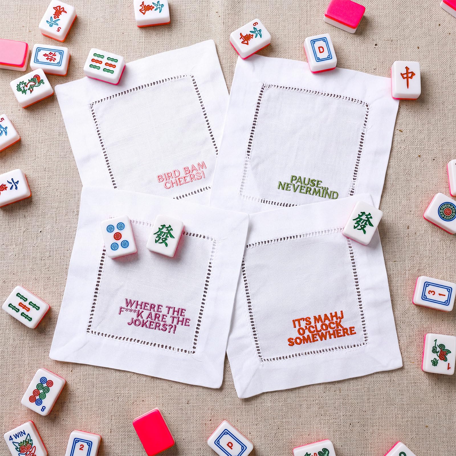 Chicplaid 4pc embroidered mahjong napkins 6x6 inches