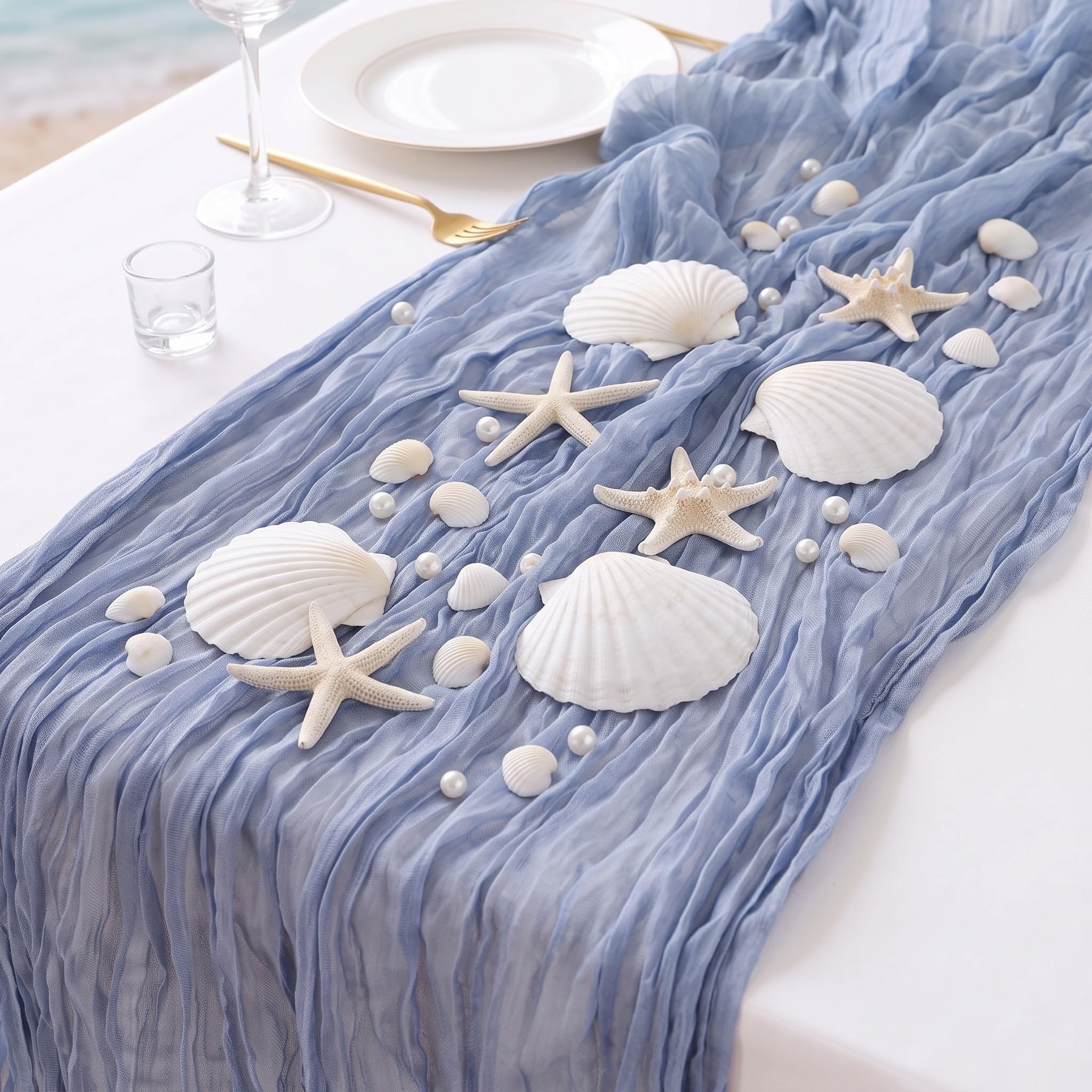 Chicplaid blue cheesecloth table runner 35x118 inches