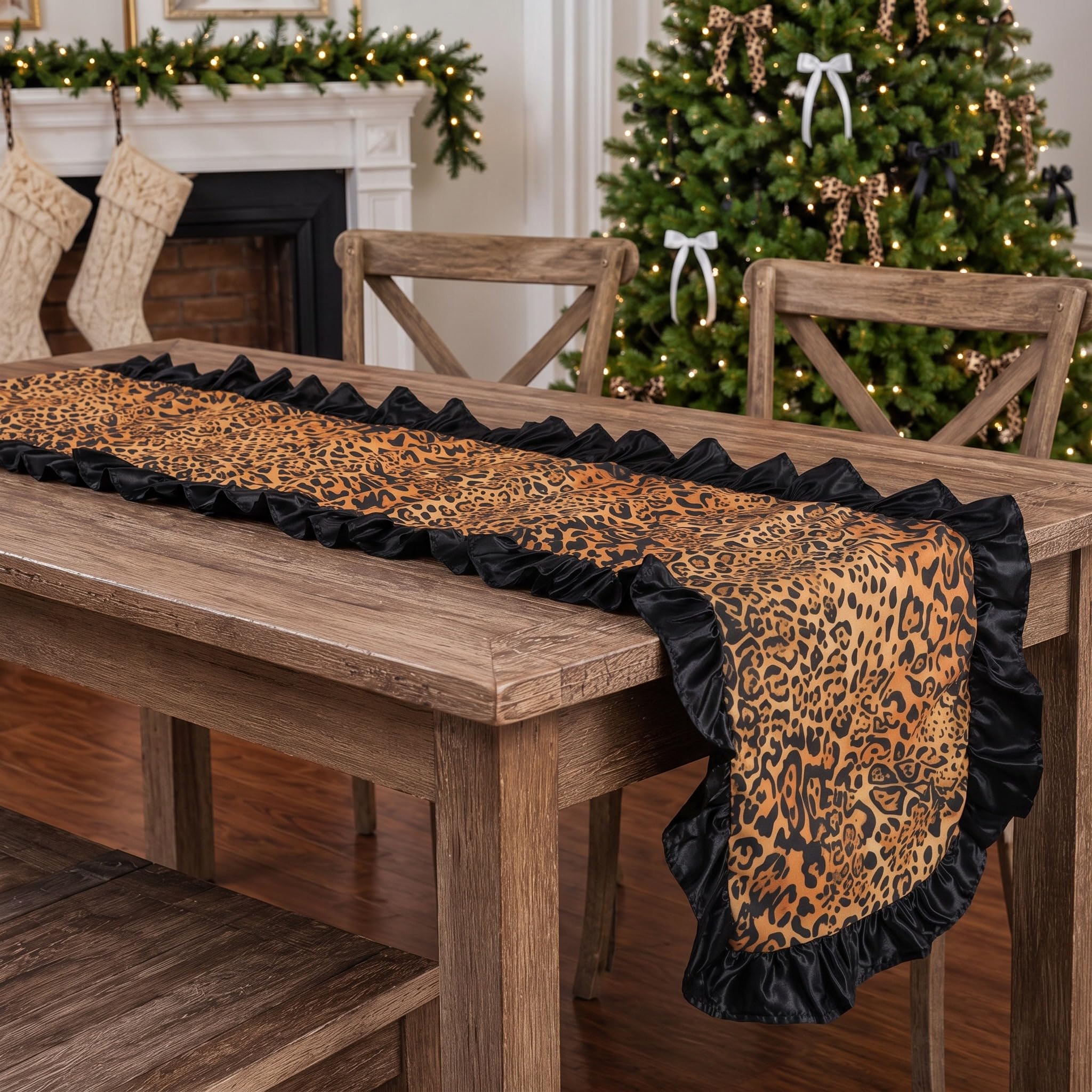 Chicplaid leopard table runner with black ruffle edge