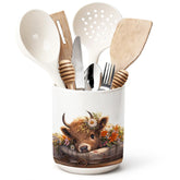 ChissNook Highland Cow ceramic utensil holder on kitchen counter