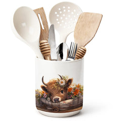 ChissNook Highland Cow ceramic utensil holder on kitchen counter