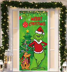 Front view of Christmas Decorations door cover on porch