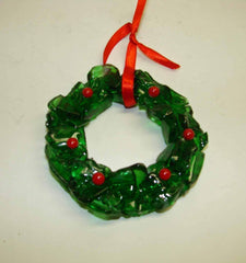 Green bottle glass holly wreath with red berries