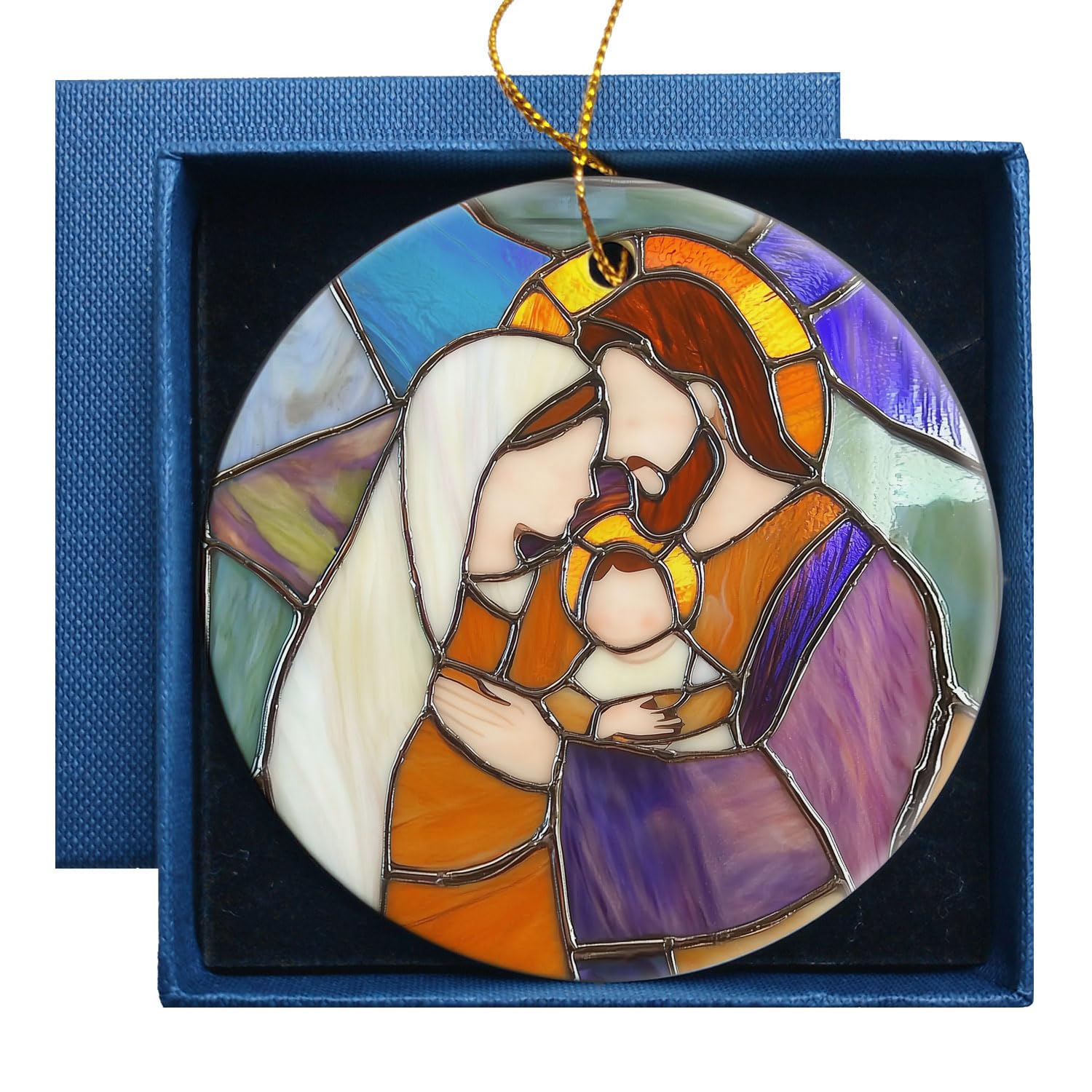 Mary Joseph and Baby Jesus flat ceramic nativity ornament