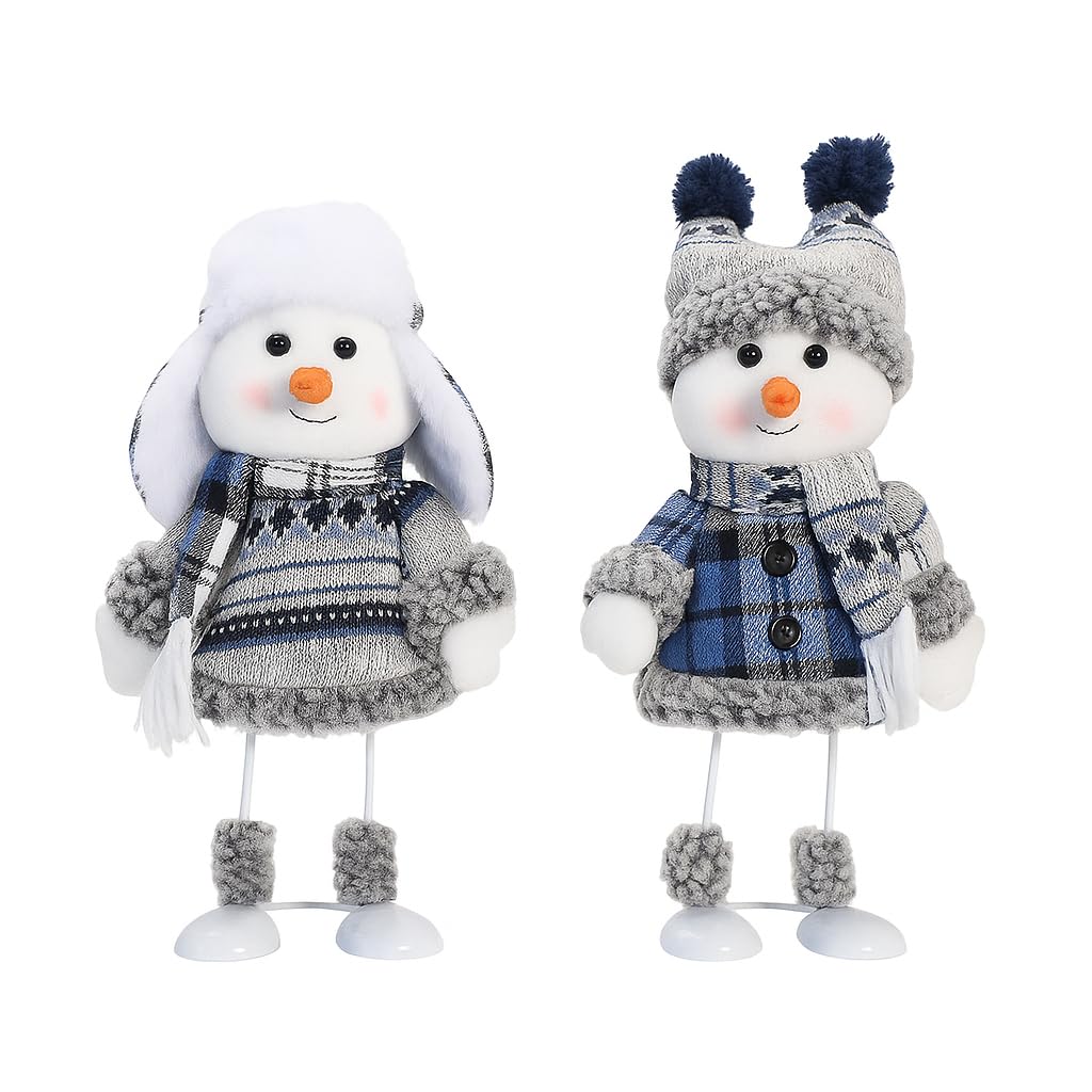 Christmas Snowman Plush Doll 2 Set with blue knitwear on display
