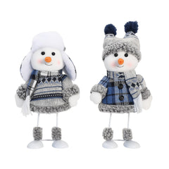 Christmas Snowman Plush Doll 2 Set with blue knitwear on display