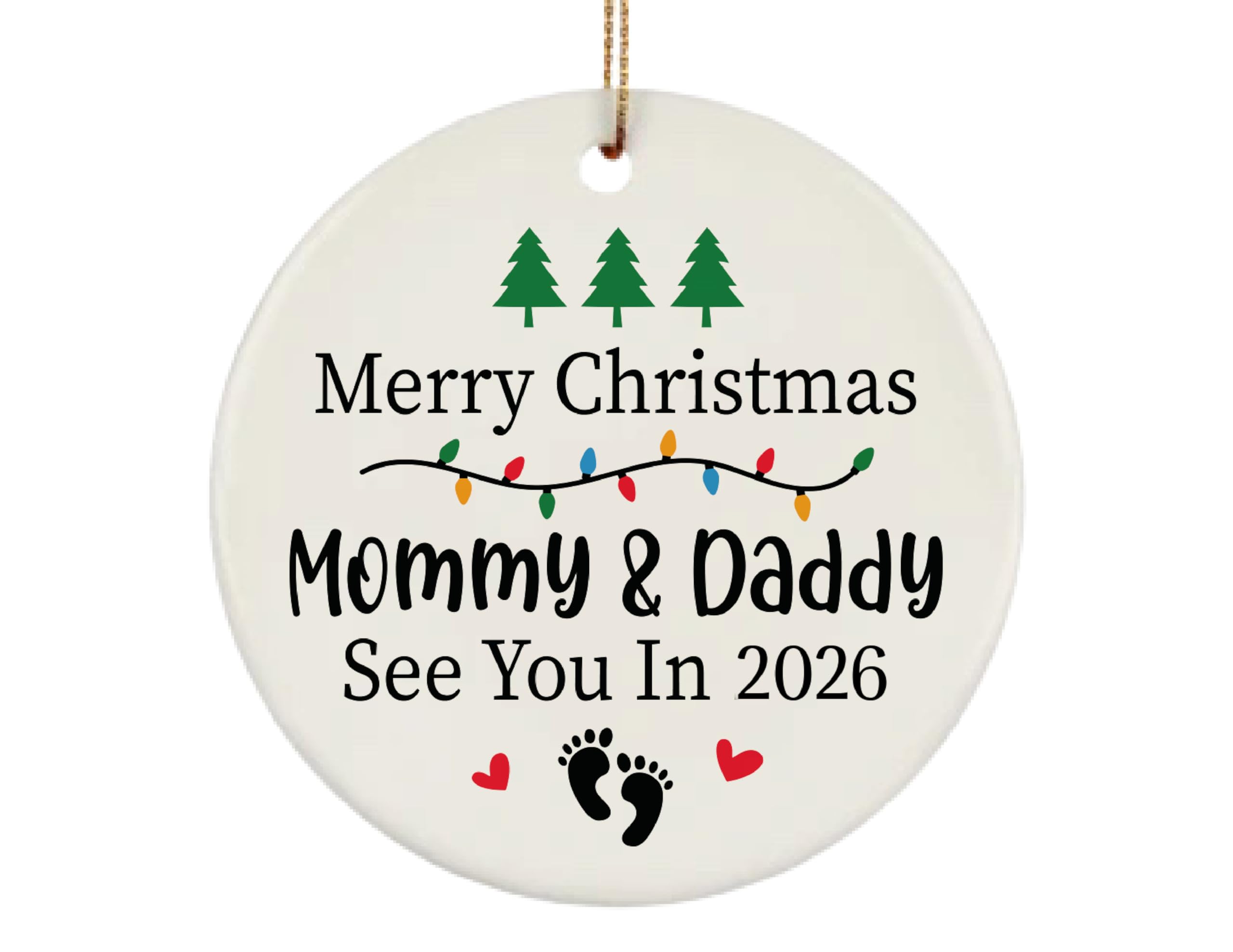 Two-sided ceramic ornament for pregnancy announcement on Christmas tree