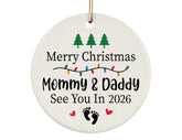 Two-sided ceramic ornament for pregnancy announcement on Christmas tree