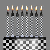 Cindeer racing cars birthday candles in black and white checkered pattern