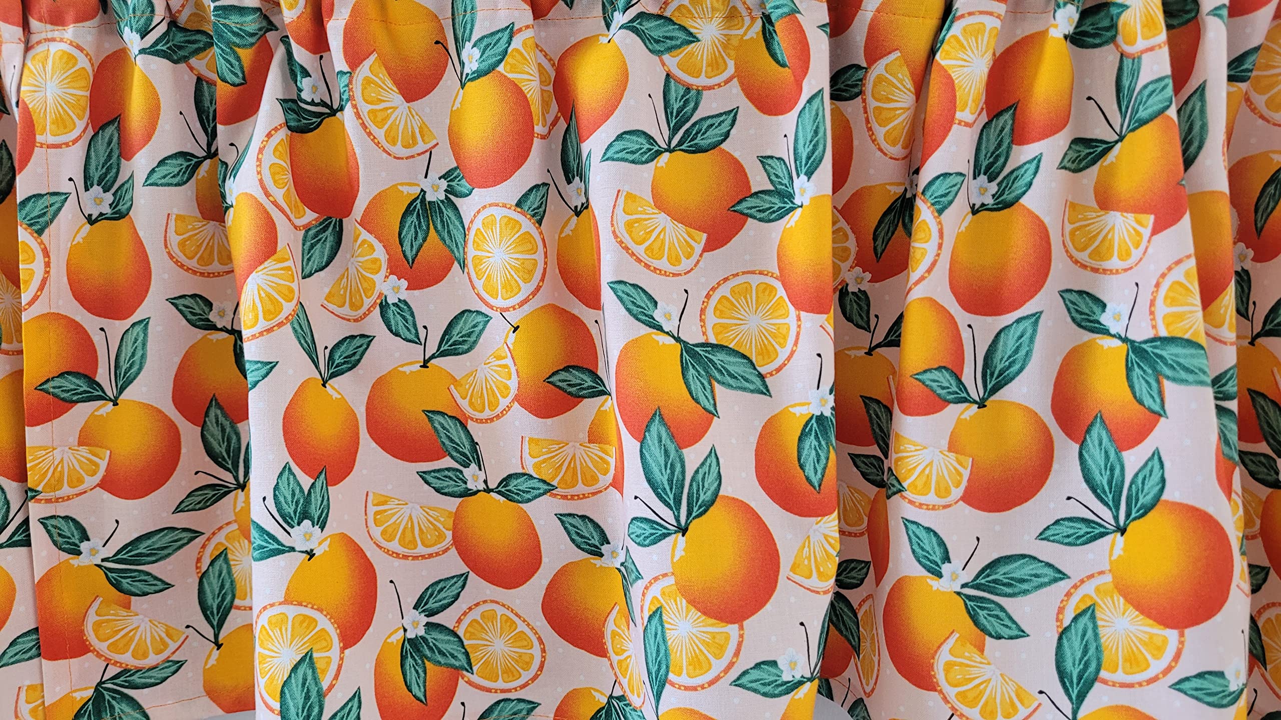 citrus themed orange blossom kitchen curtain print on pink background