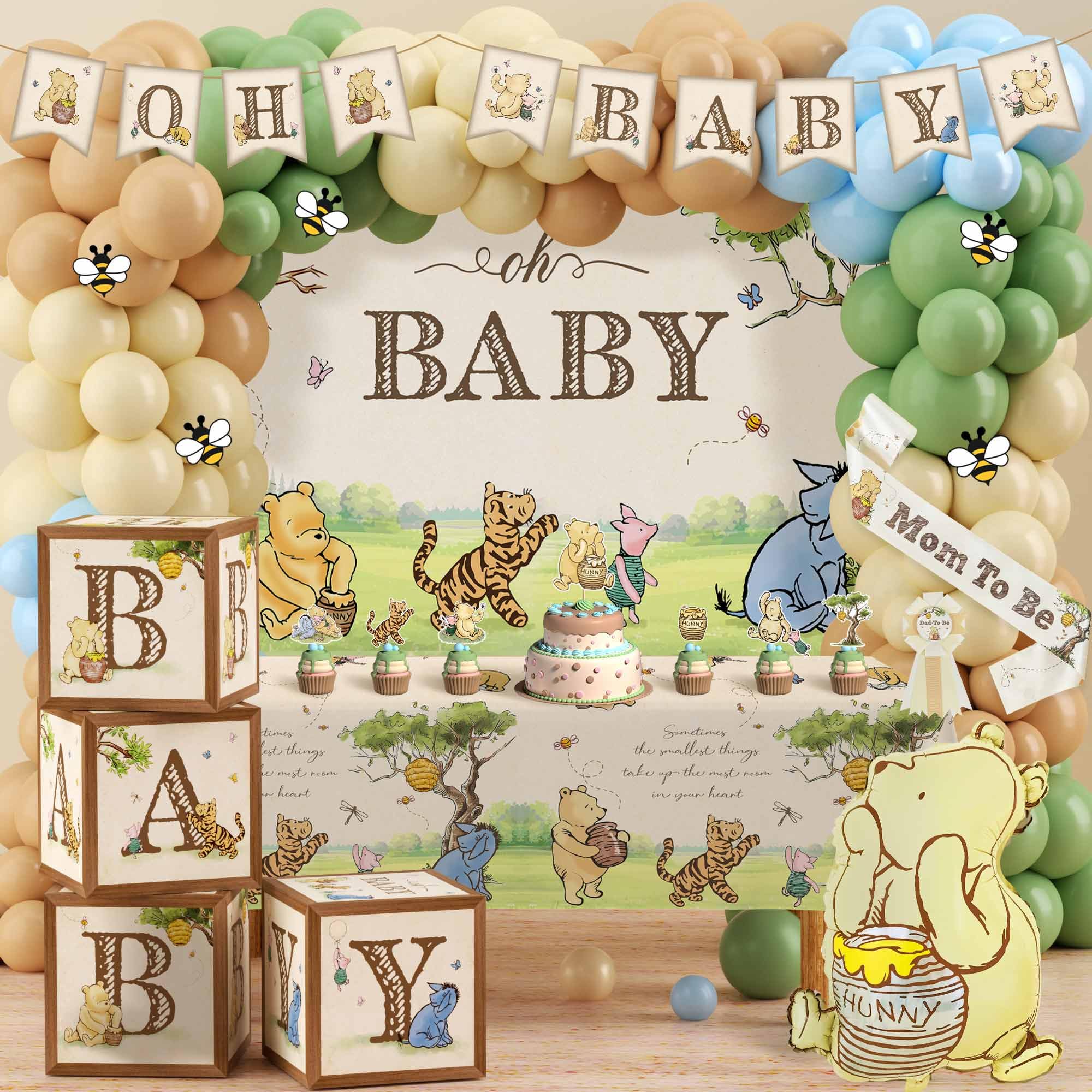 Main setup of Classic Winnie Bear baby shower decorations kit