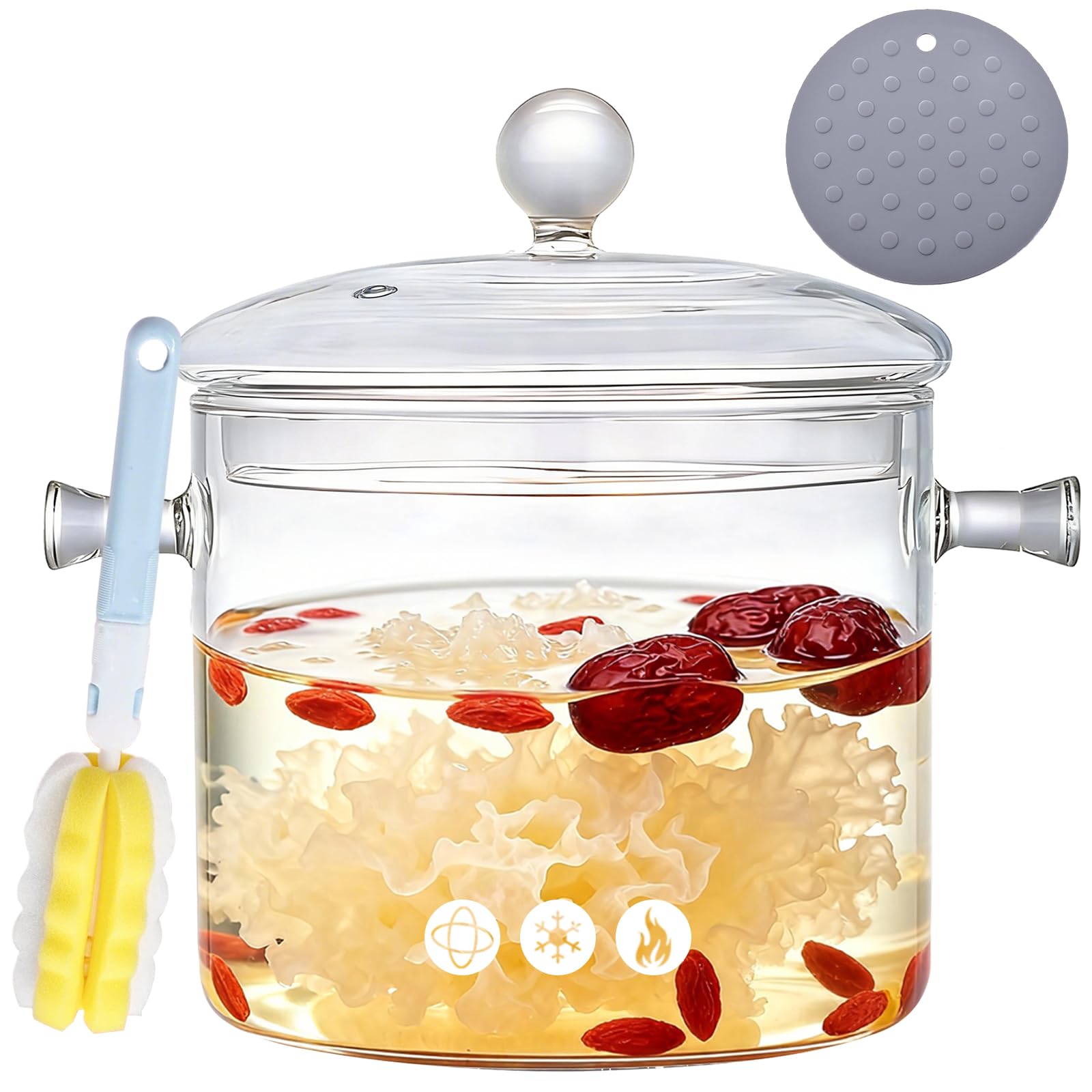 Clear borosilicate glass cooking pot with lid 4L close view