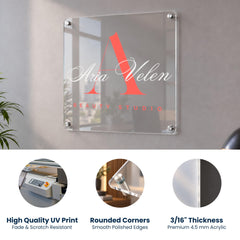 Clear acrylic business plaque suitable for professional offices