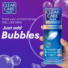 Bubbling action in CLEAR CARE Plus solution shown with case