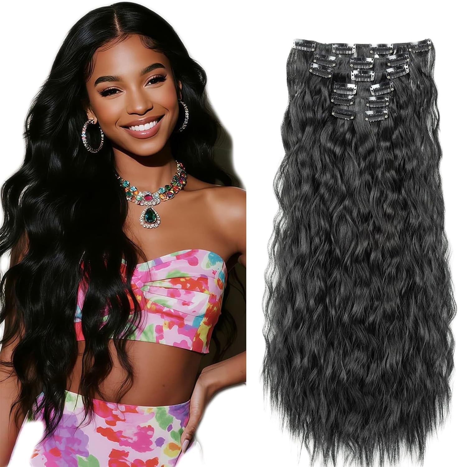 30 inch #1B clip in hair extensions real human hair set
