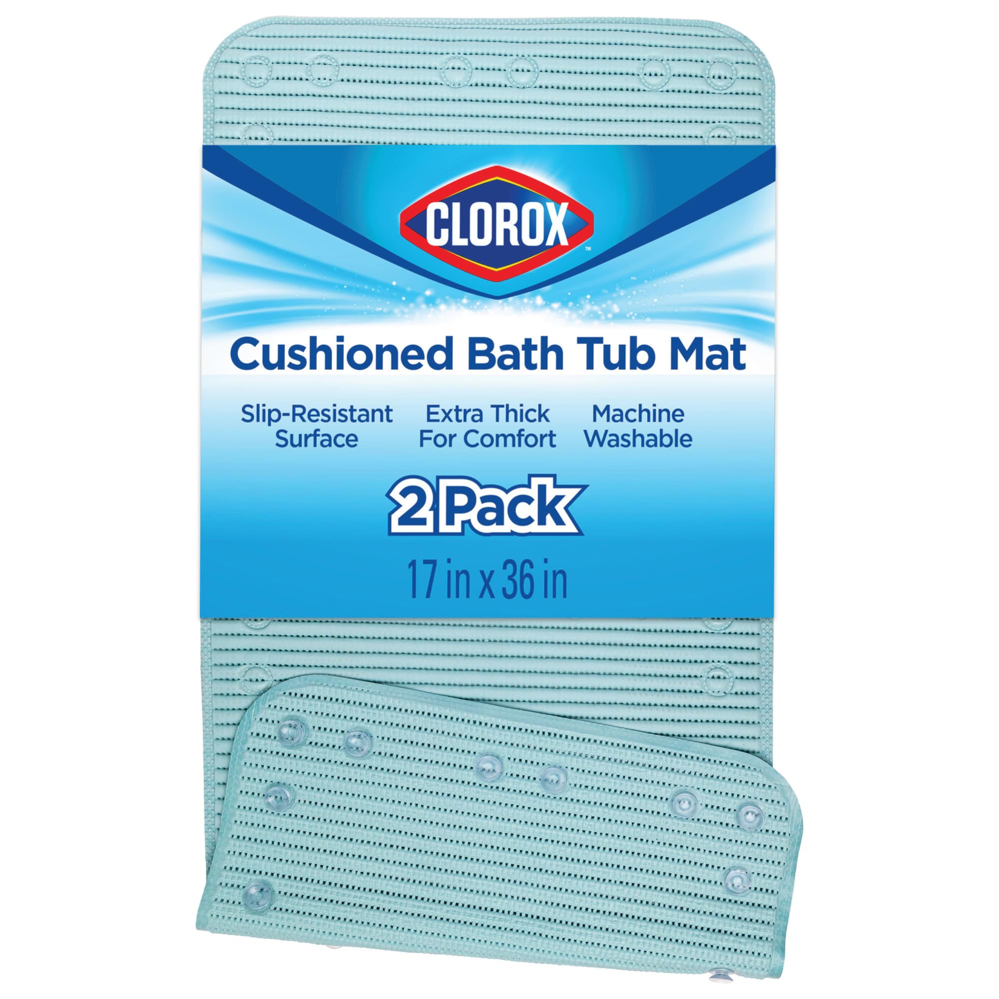 Clorox Cushioned Bath Mat for Tubs 17x36 Sky Blue with suction cups