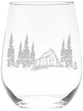 C M Cabin in the Woods stemless wine glass etched cabin scene with pine trees