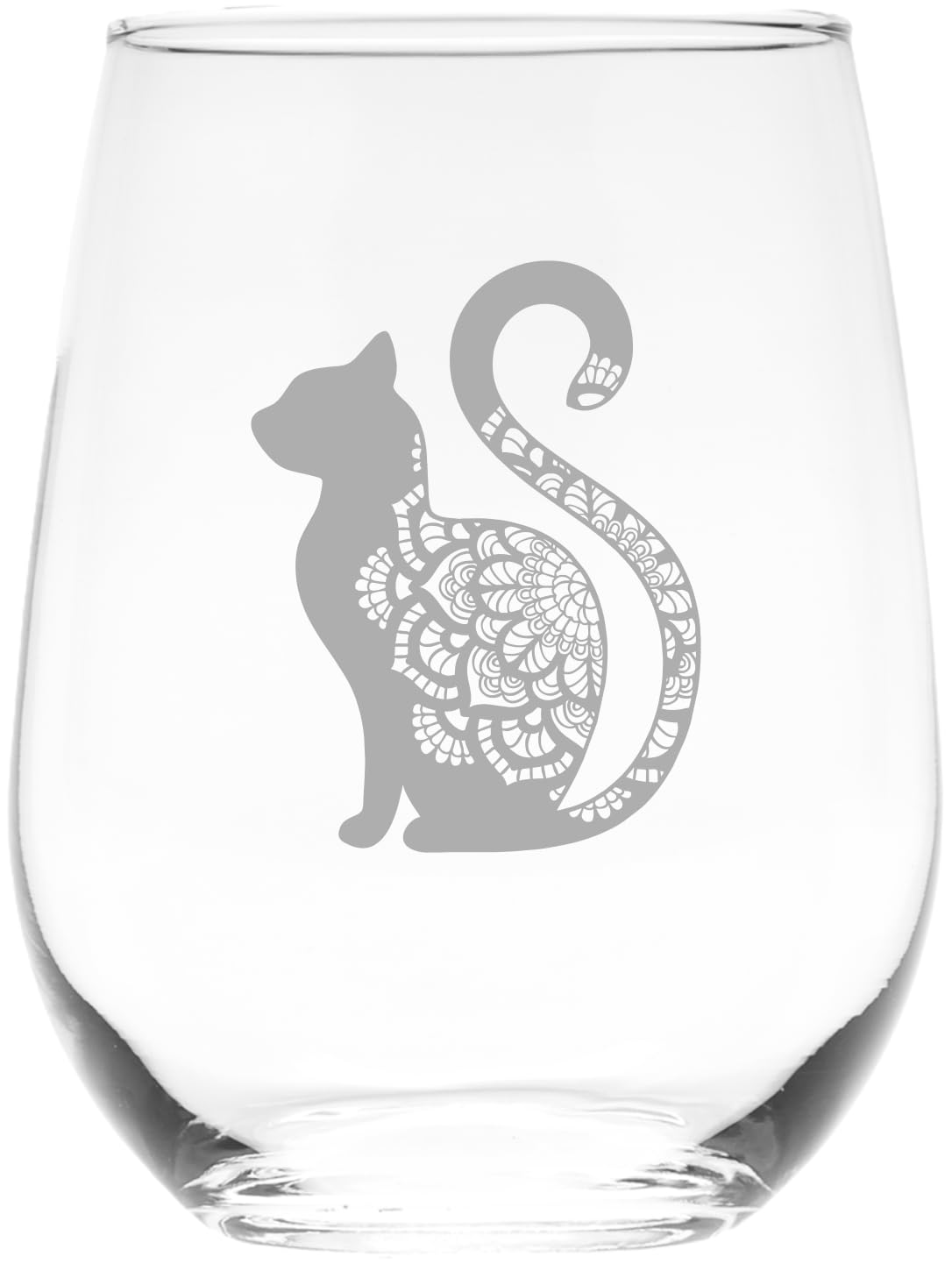 cm cat sitting stemless wine glass with etched sitting cat design