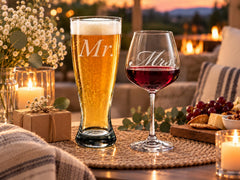 Two-piece couples glass set includes beer and wine glasses