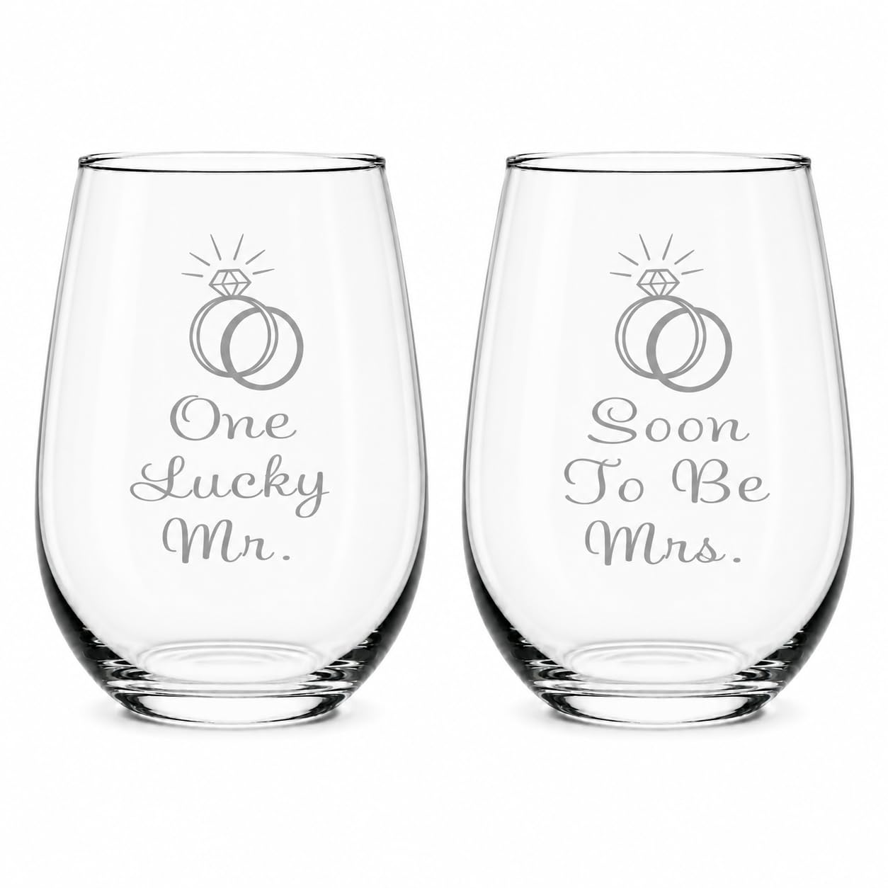 C M One Lucky Mr engagement stemless wine glass set 2 image showing laser engraving