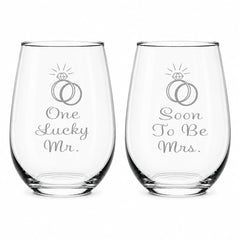 C M One Lucky Mr engagement stemless wine glass set 2 image showing laser engraving
