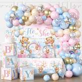cocomigo bear gender reveal decorations product image with backdrop and balloons