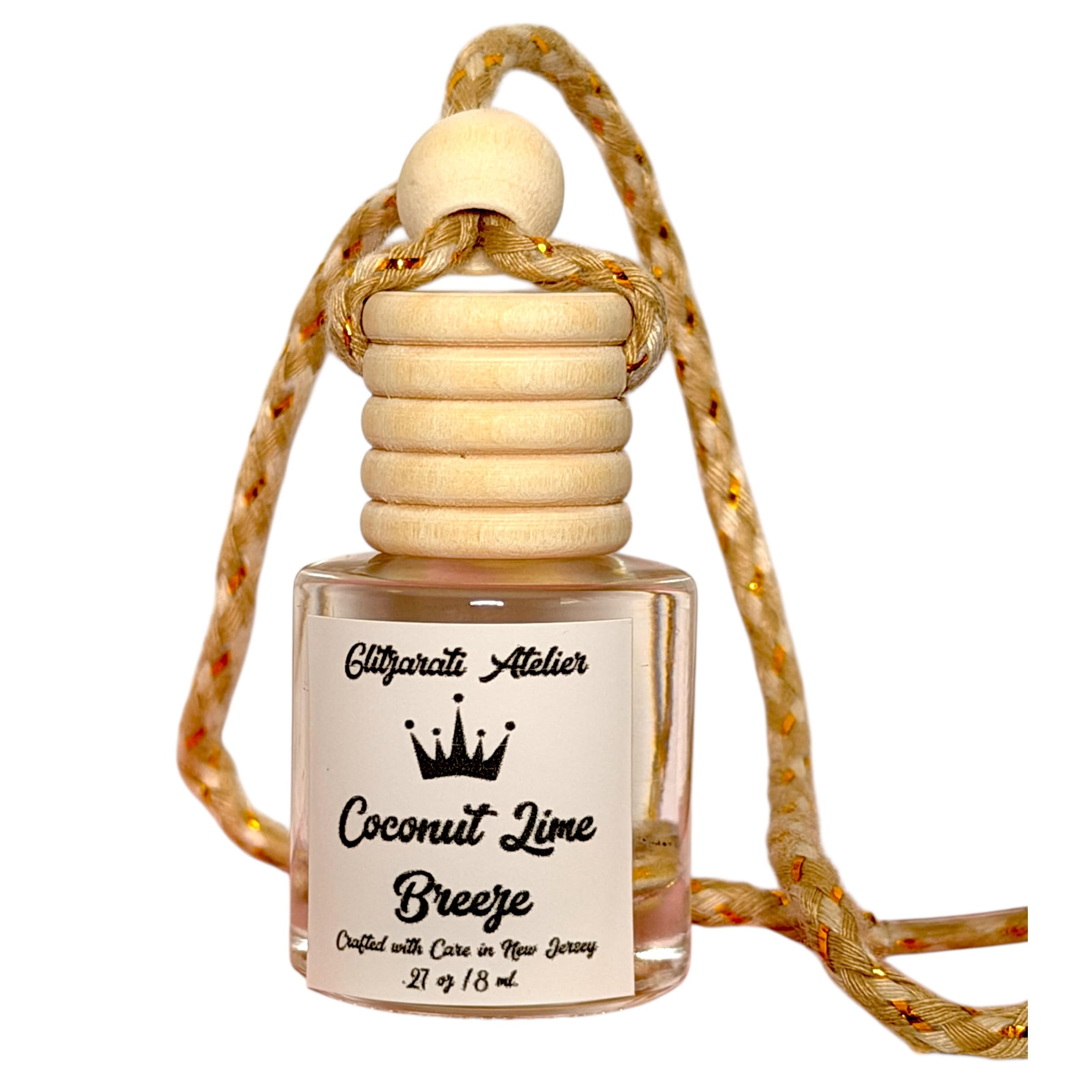 Coconut Lime Breeze Hanging Car Diffuser 8ml in glass bottle with wooden cap
