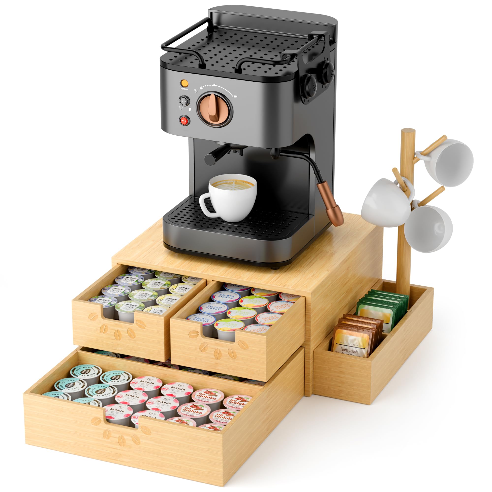 Coffee Pod Drawer with tree shape mug rack and 80 K-Cups capacity