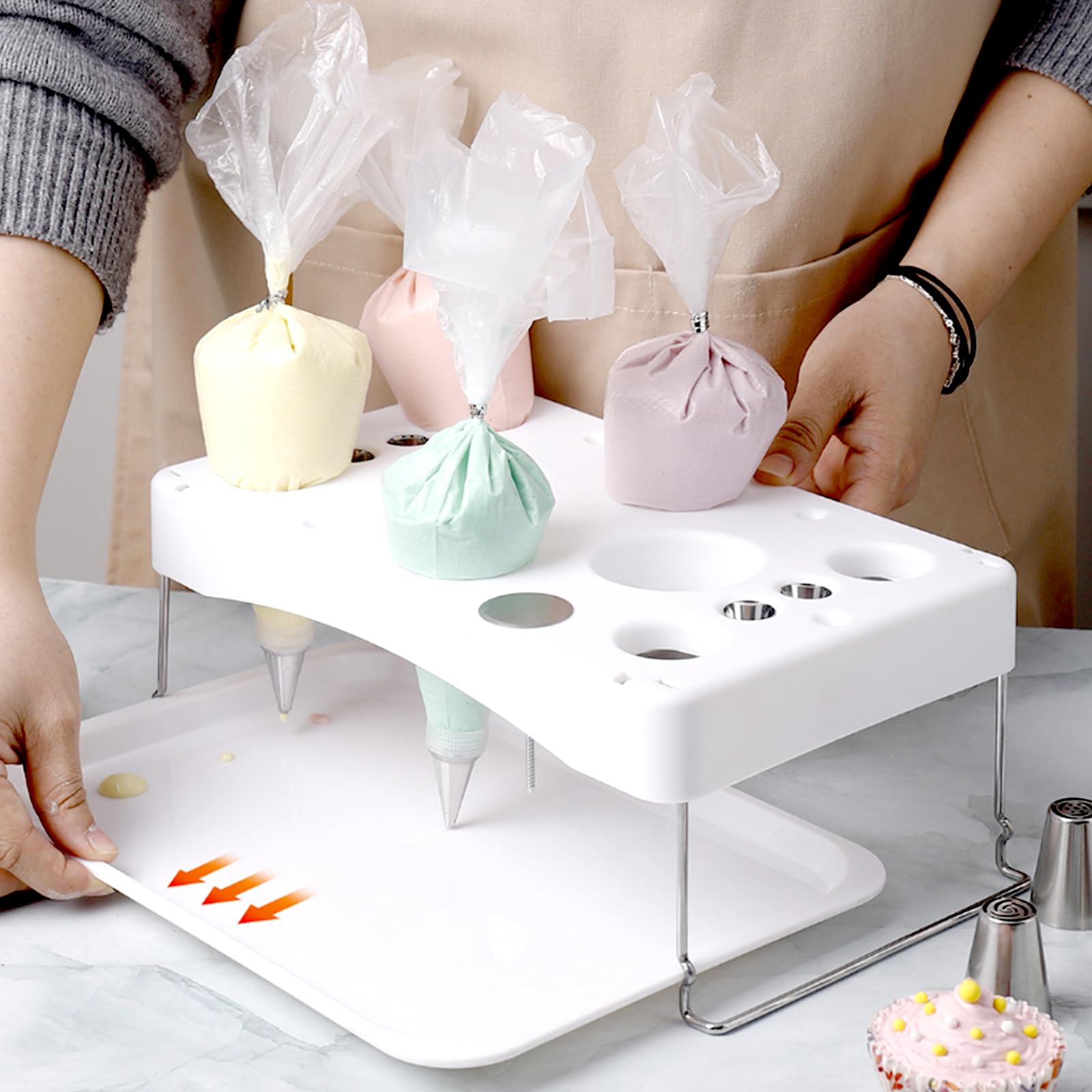 Collapsible piping bag stand with drip tray in white