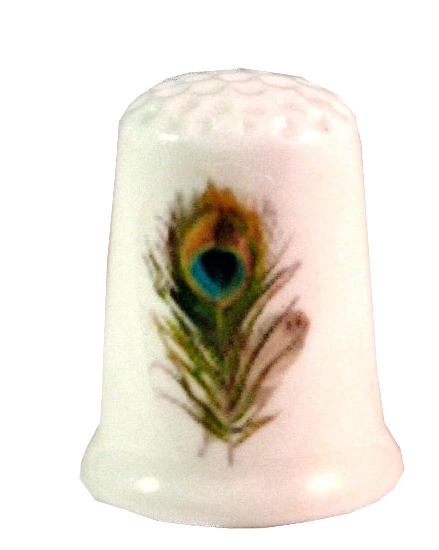 Collectible Thimble Peacock Feather with peacock decal on china thimble base