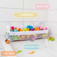 Adhesive hooks bath toy basket attaches to wall or tub