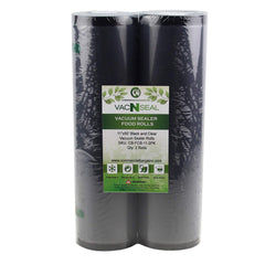 Two large commercial vacuum sealer rolls in black and clear