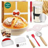 Complete sourdough starter kit contents including 9 inch proofing basket and starter jar