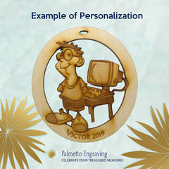 Handcrafted USA ornament natural wood with engraved computer elements