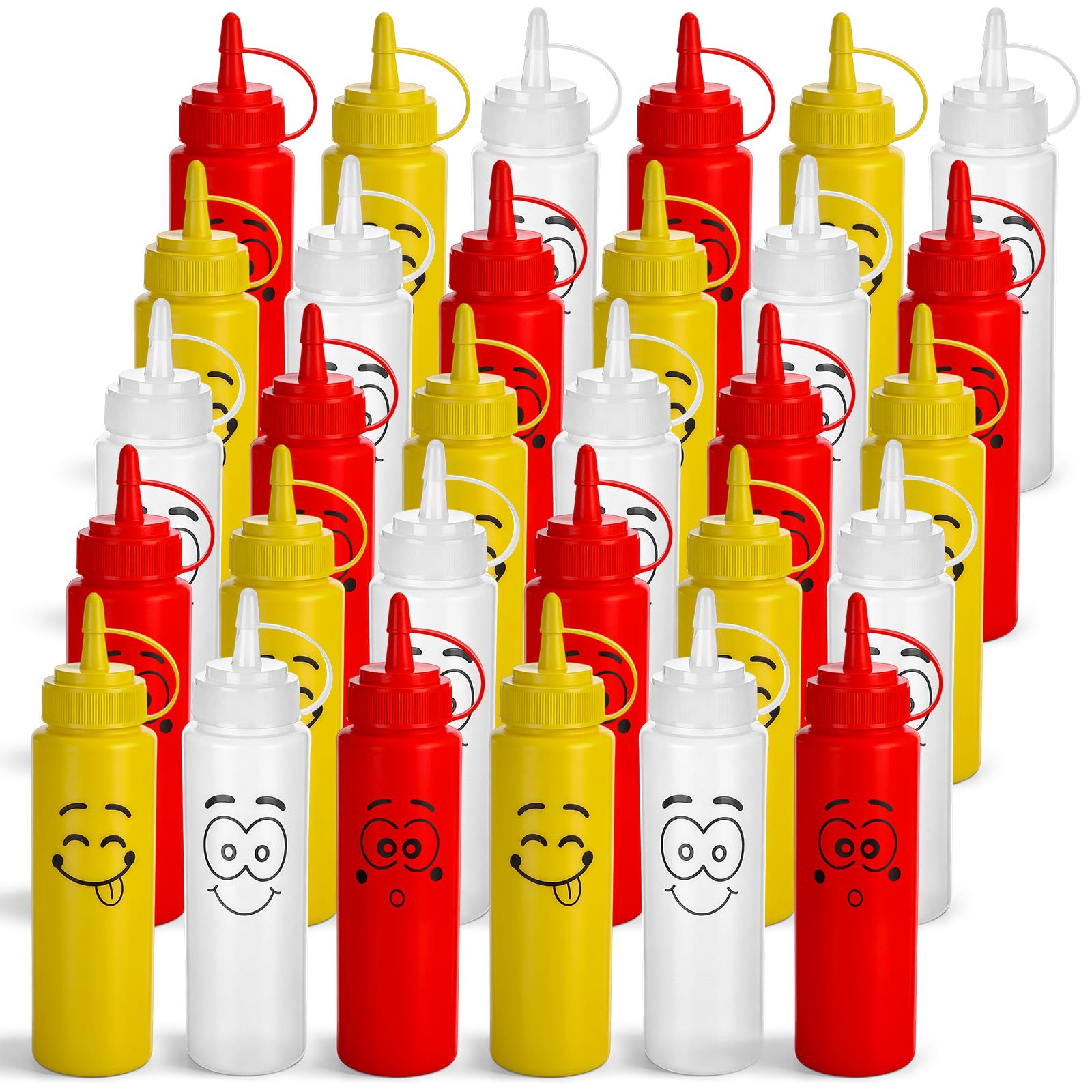 Red 8 oz condiment squeeze bottle with smile face from 30 pack