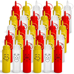 Red 8 oz condiment squeeze bottle with smile face from 30 pack