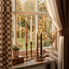 Conelist brown checkered candlesticks with taper candles