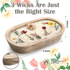 Close view of real dried flowers inside a wooden dough bowl candle