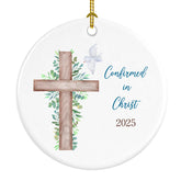 White ceramic Christmas ornament 2.75 inch diameter with Confirmed in Christ 2025 text