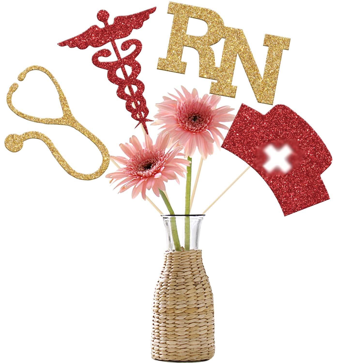 Congrats RN Centerpiece Sticks on nurse graduation table with red and gold theme